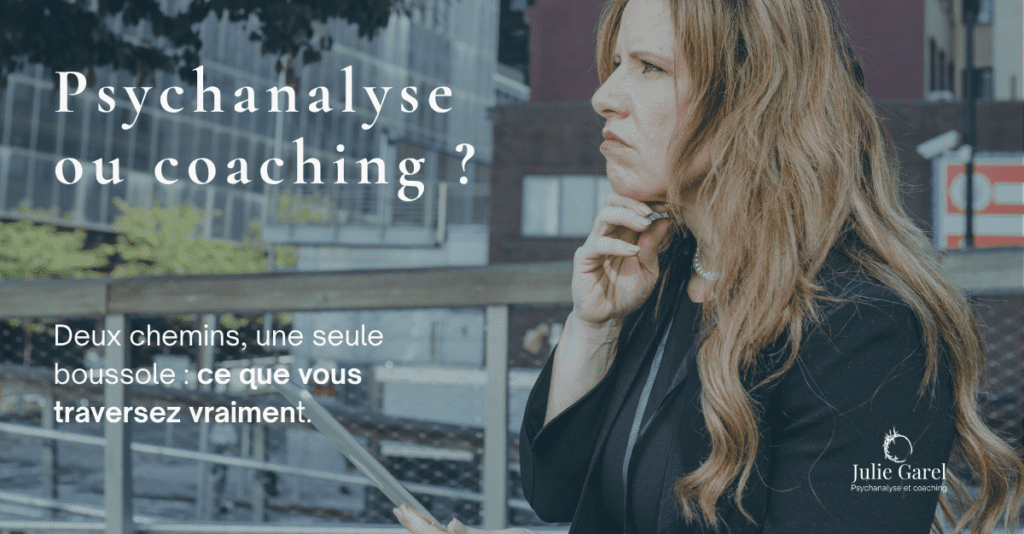 Femme en réflexion face à un choix — psychanalyse ou coaching | Julie Garel psychanalyste coach Meung-sur-Loire